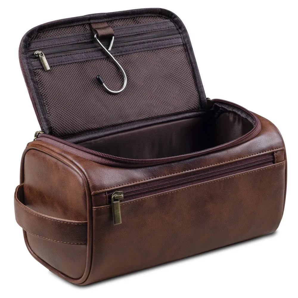 Side profile of the bag highlighting its hanging hook and durable leather material