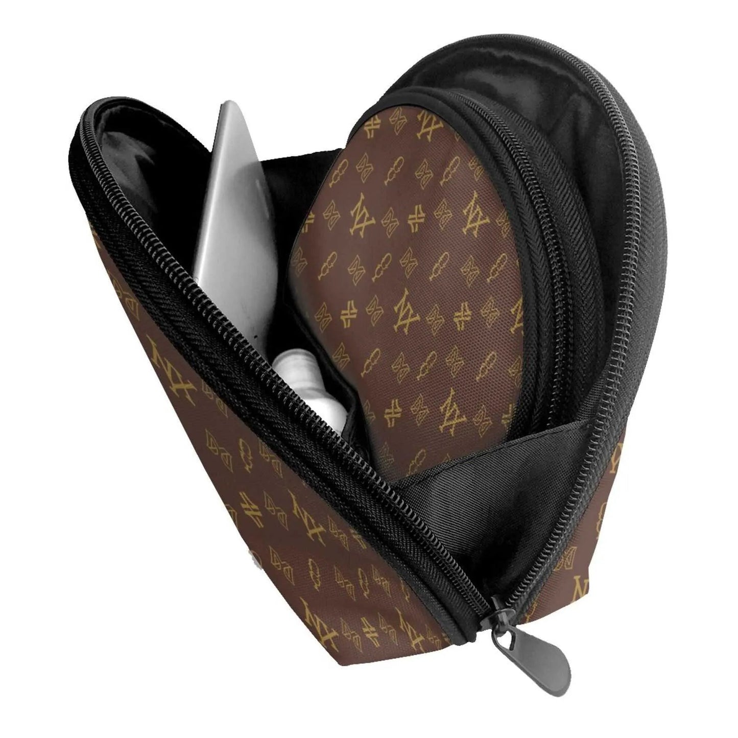 Front view of brown women's cosmetic bag with zipper closure