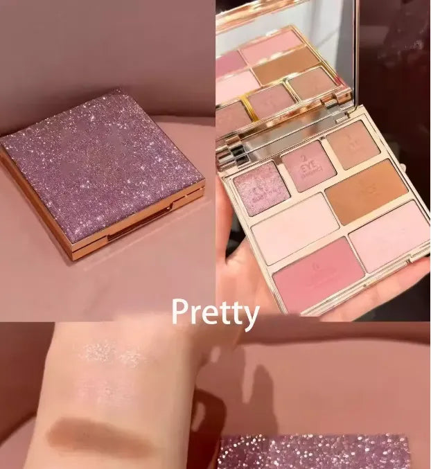 Close-up view of eyeshadow and blush powders in dual-color palette