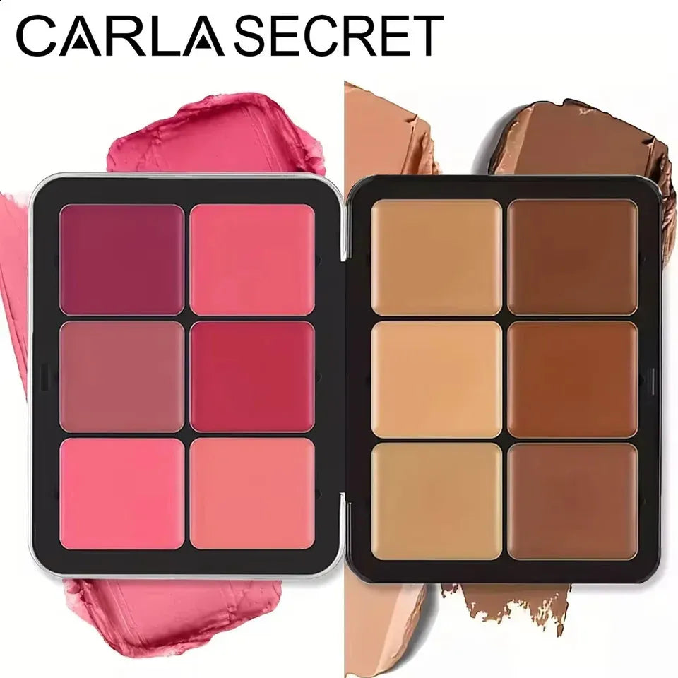 Open makeup palette showing 12 cream shades arranged in rows