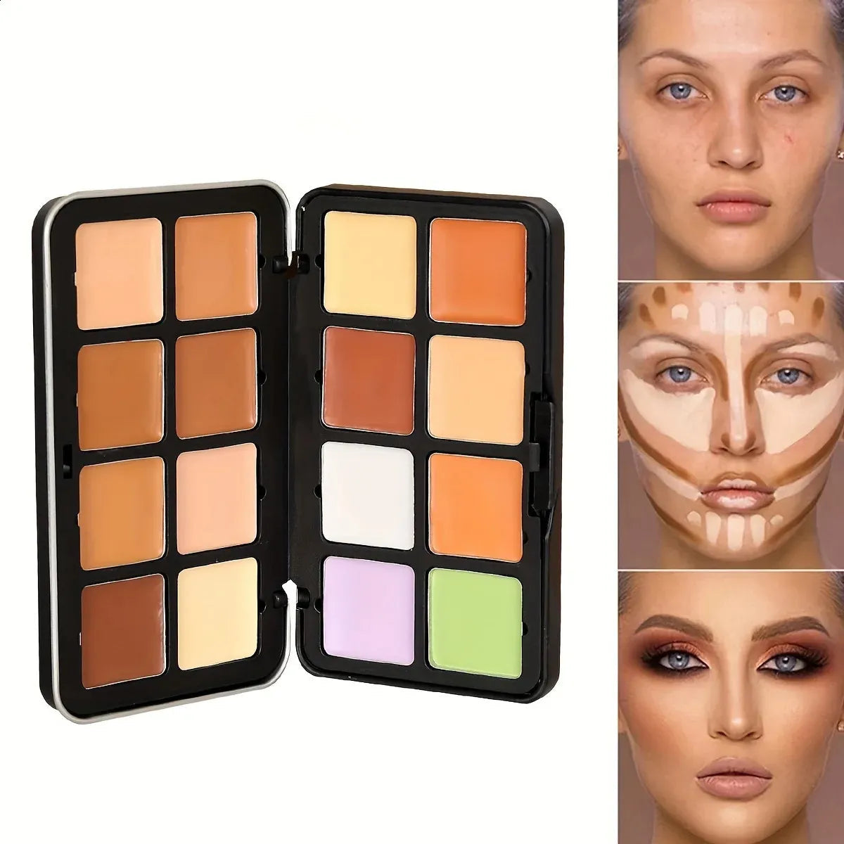 Open makeup palette showing 16 different concealer shades arranged in rows