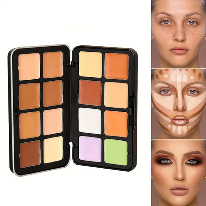 Open makeup palette showing 16 different concealer shades arranged in rows