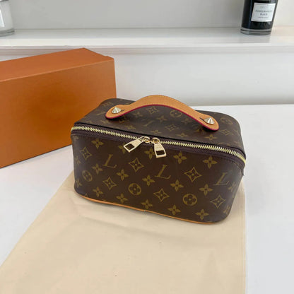 Open cosmetic bag showing interior organizer compartments