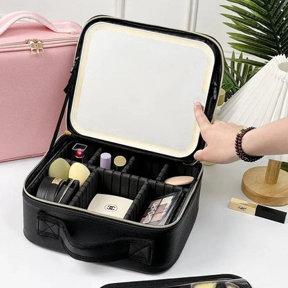 Front view of illuminated makeup case with LED lights on