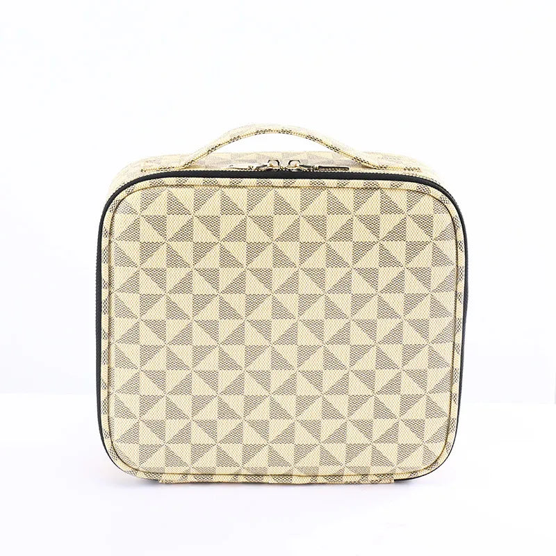 Front view of a handheld makeup bag with multiple compartments