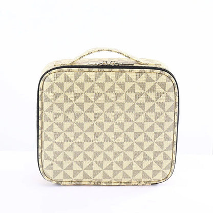 Front view of a handheld makeup bag with multiple compartments