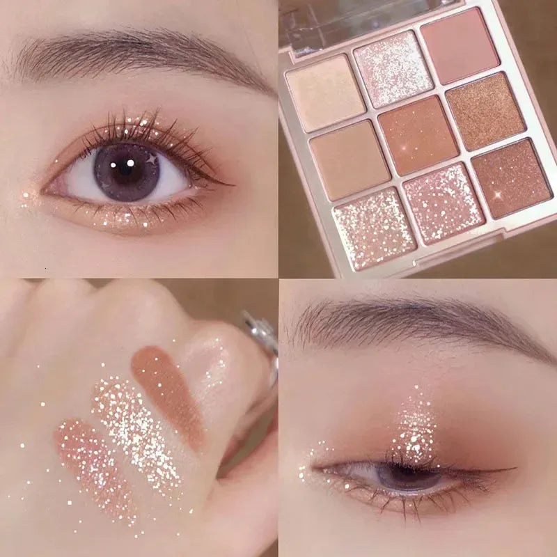 Open eyeshadow palette displaying nine different color pans