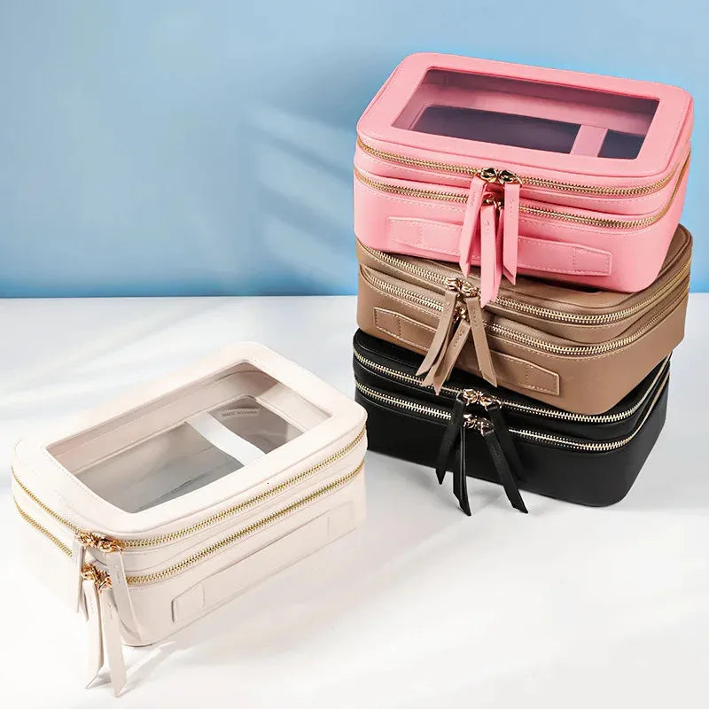 Double layer makeup organizer with transparent PVC panels closed