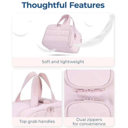 Quilted cosmetic bag showing interior organization features