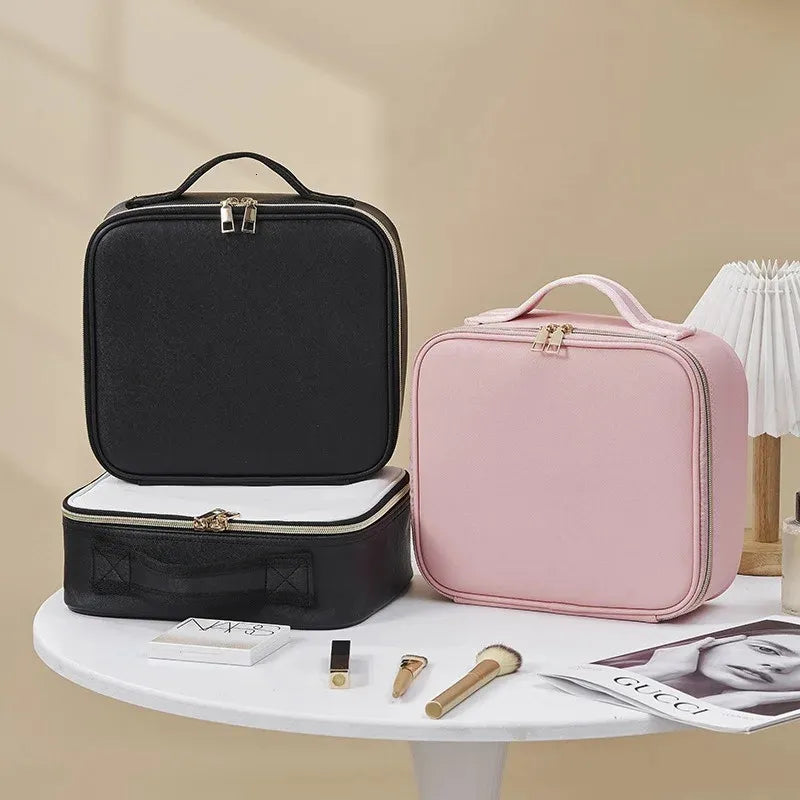 Open makeup case showing interior compartments and mirror