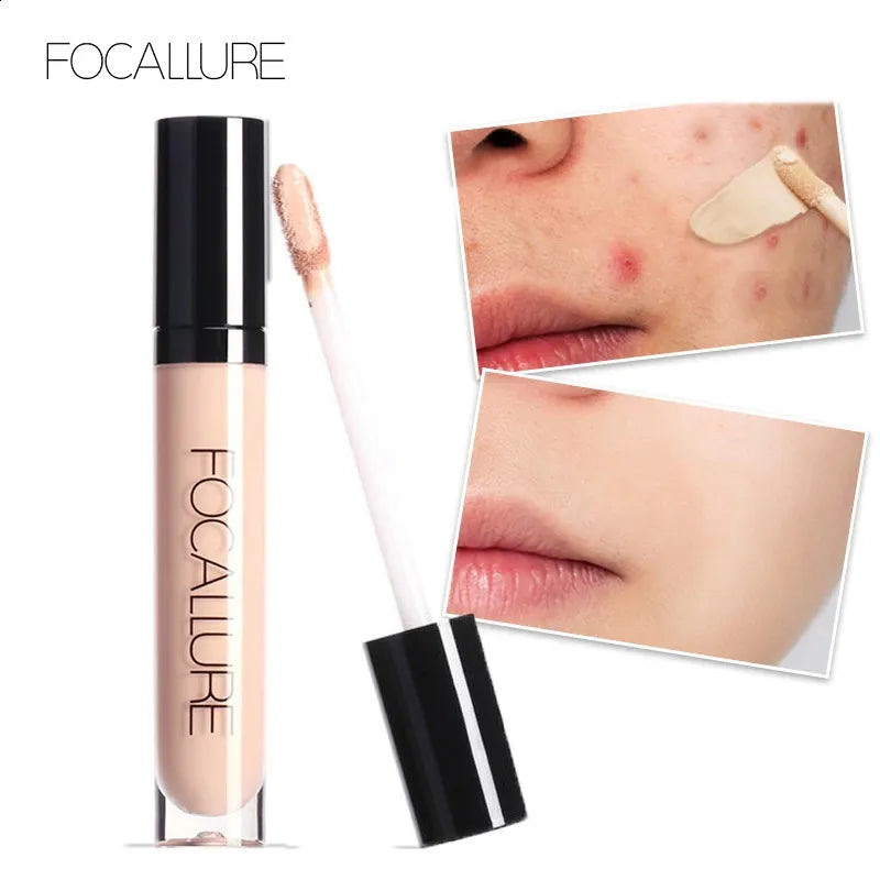 Liquid concealer bottle with applicator on a neutral background