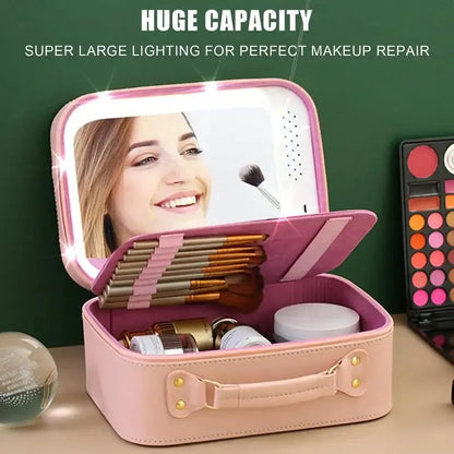 Front view of LED cosmetic case showing mirror and closure