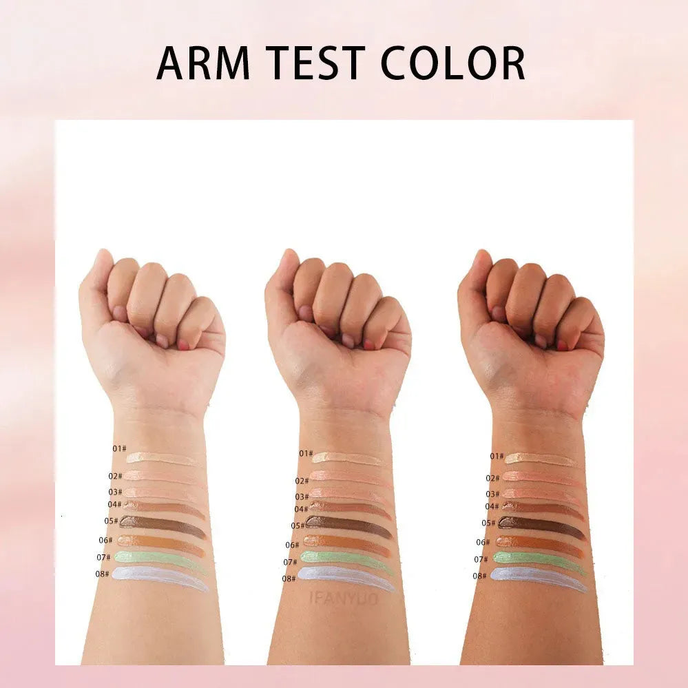 Liquid concealer bottle with applicator on a neutral background