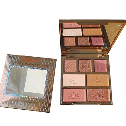 Compact makeup palette with seven cosmetics and a mirror