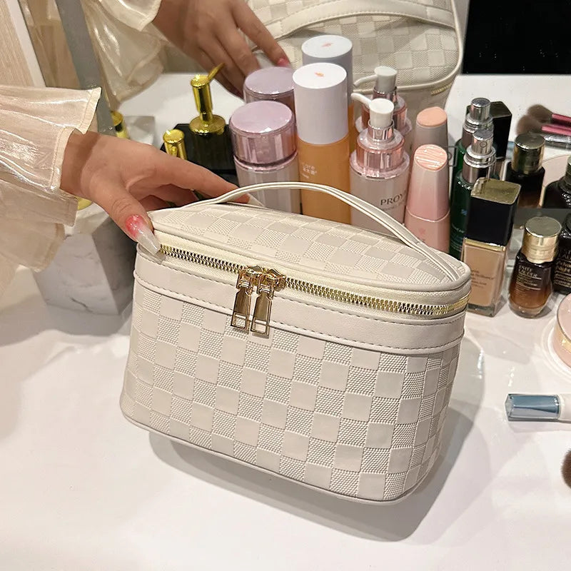 Large capacity travel cosmetic bag made from PU leather