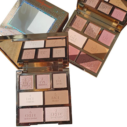 Open makeup palette showing eyeshadow and face makeup products