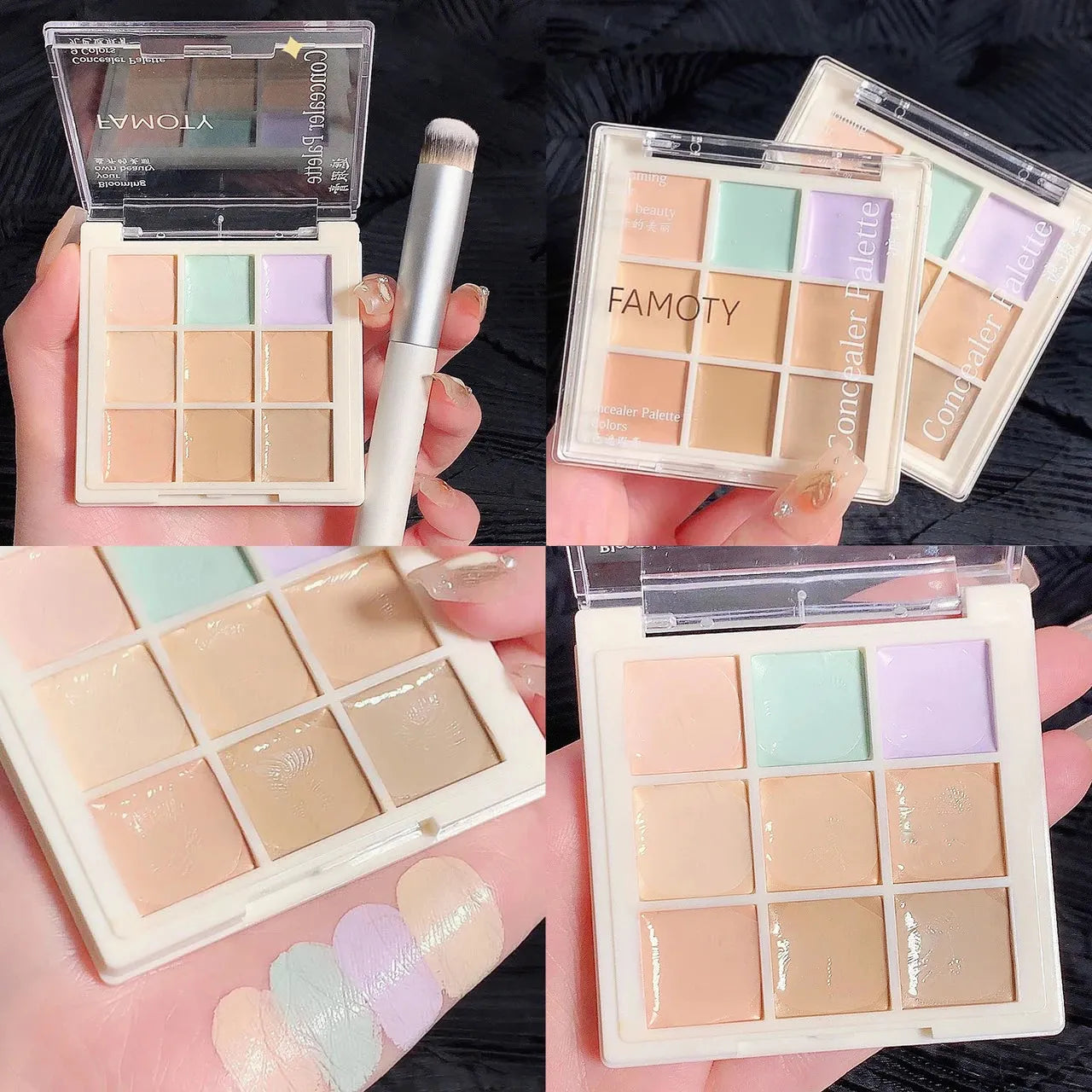 Open makeup palette showing nine different concealer shades arranged in a grid