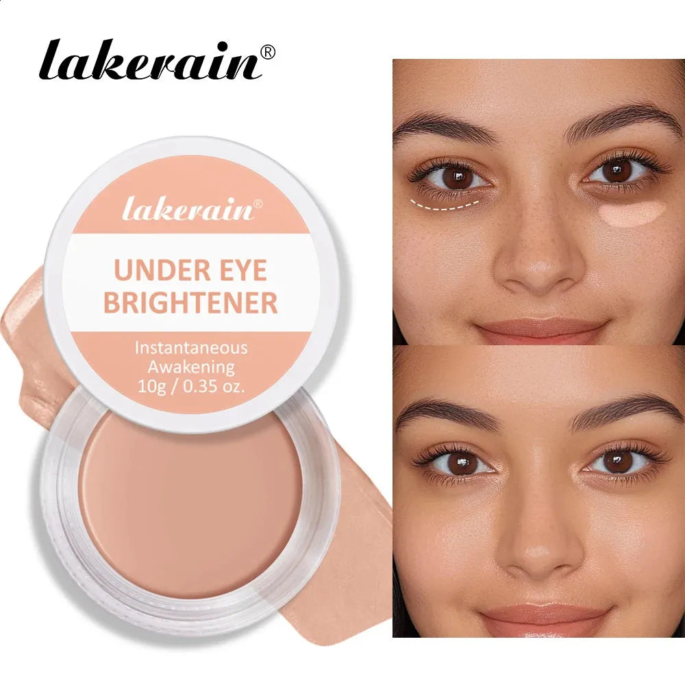 Color-correcting eye concealer in a small container with applicator