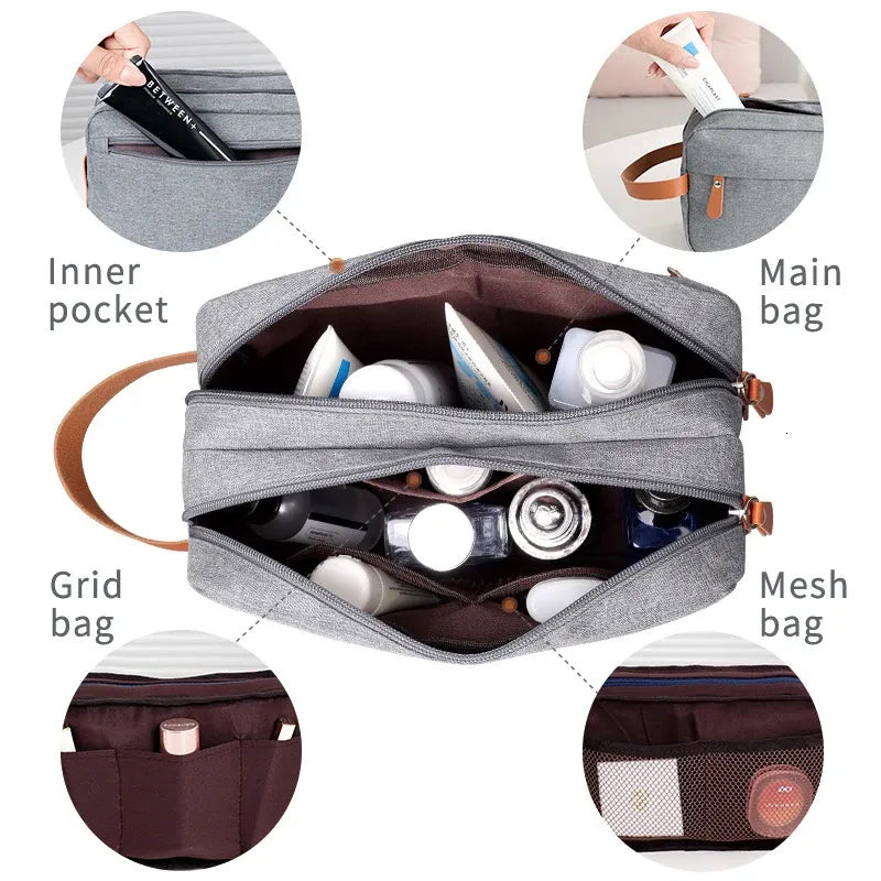 Interior view of the toiletry bag showing multiple compartments for organization