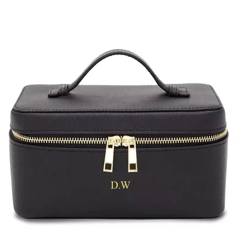 Saffiano split leather hanging toiletry case shown in closed position