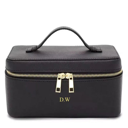 Saffiano split leather hanging toiletry case shown in closed position
