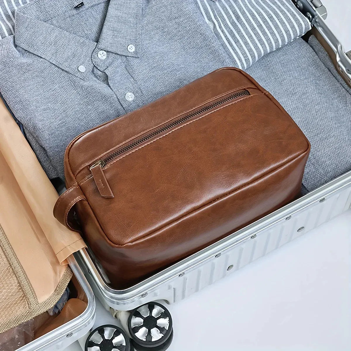 Interior view of toiletry organizer showing multiple compartments for storage