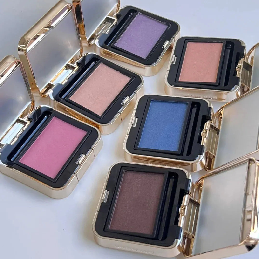 Close-up of eyeshadow palette with pink, blue, and pearl shades