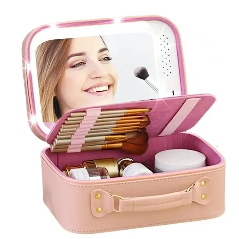 Front view of LED cosmetic case showing mirror and closure