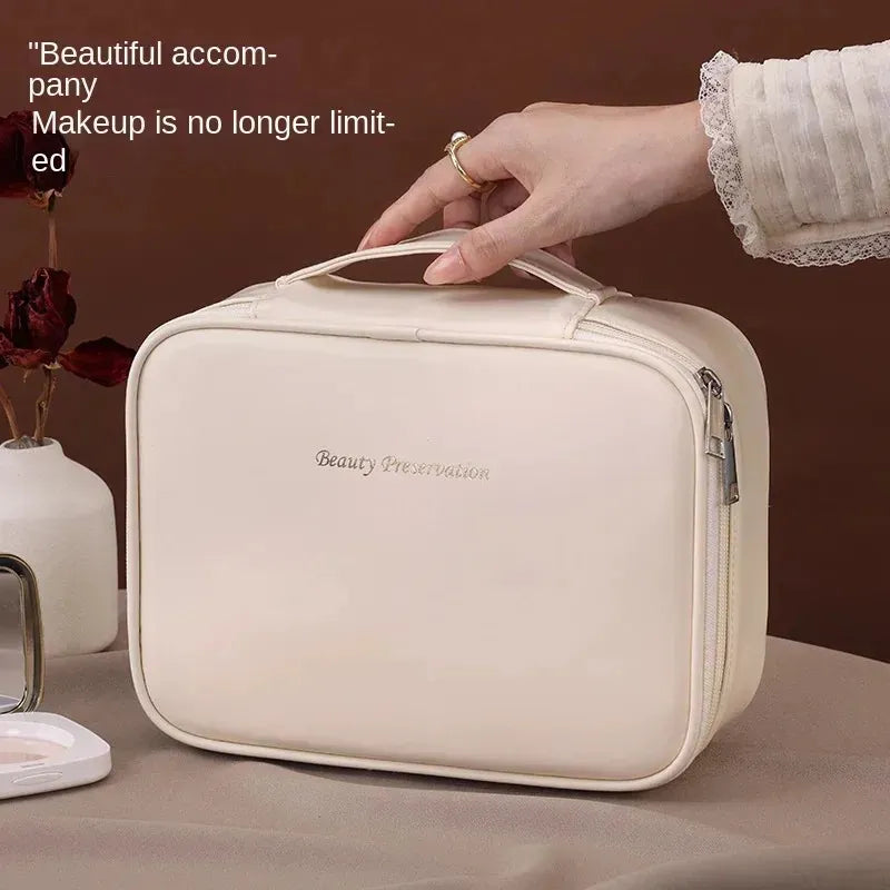 Open view of the tote displaying multi-purpose storage for vanity items