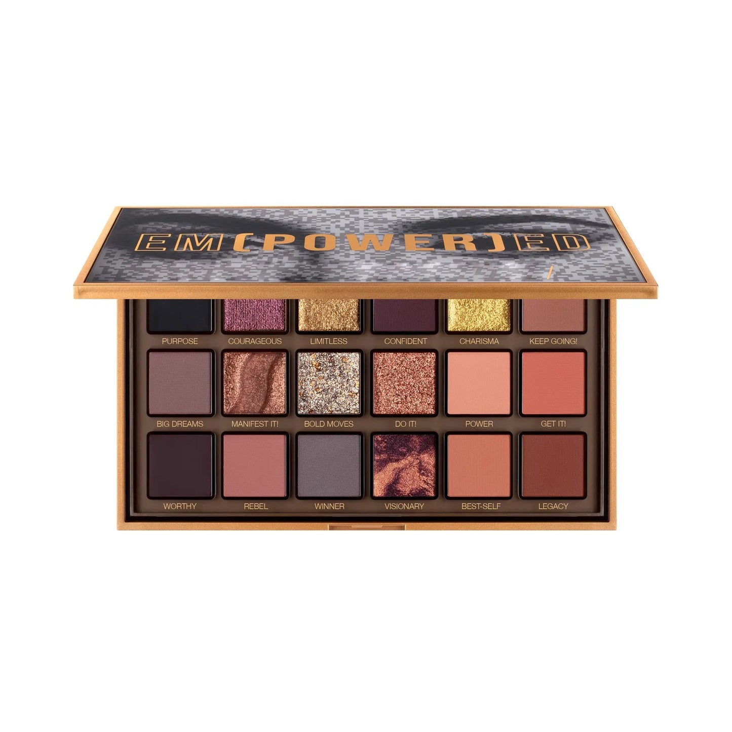 18-color eyeshadow palette showing pearl rose gold shimmer shades