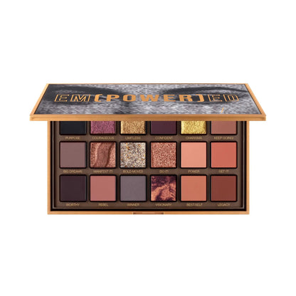 18-color eyeshadow palette showing pearl rose gold shimmer shades