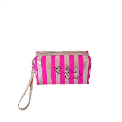 Front view of small stripe cosmetic bag showing waterproof material