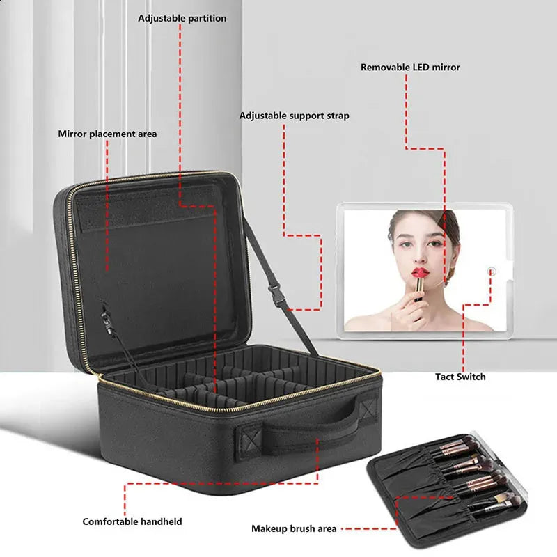 Smart LED cosmetic case with mirror open showing interior compartments