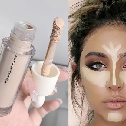 Liquid concealer bottle with applicator on a neutral background