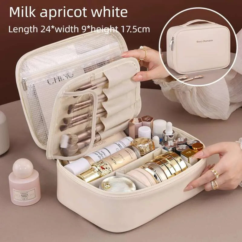 Makeup bag showing multiple compartments for brush and cosmetic organization