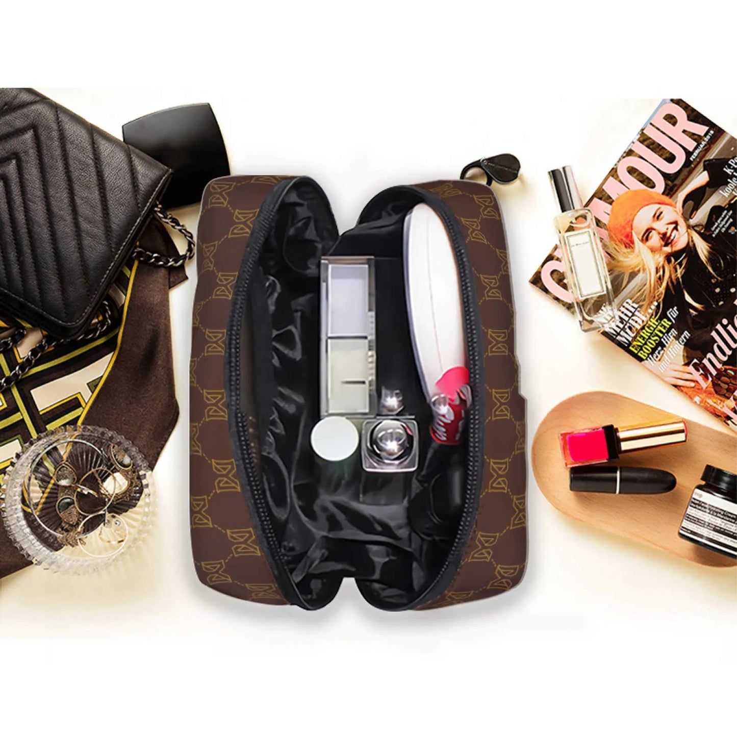 Interior view of makeup bag showing storage compartments