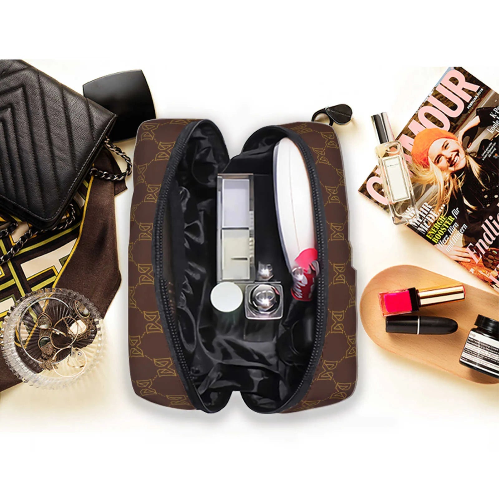 Interior view of makeup bag showing storage compartments