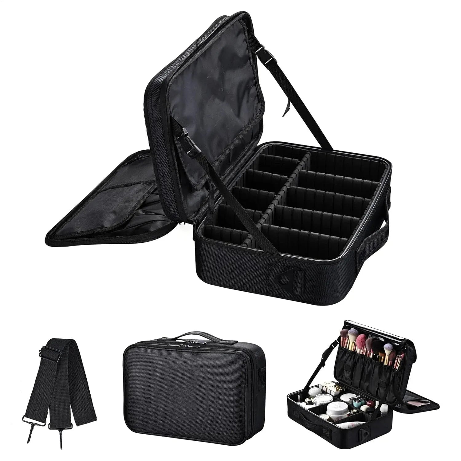 Large travel makeup case with adjustable dividers open to show compartments