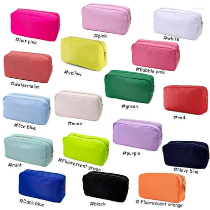 Open waterproof nylon cosmetic bag showing interior organizer compartments