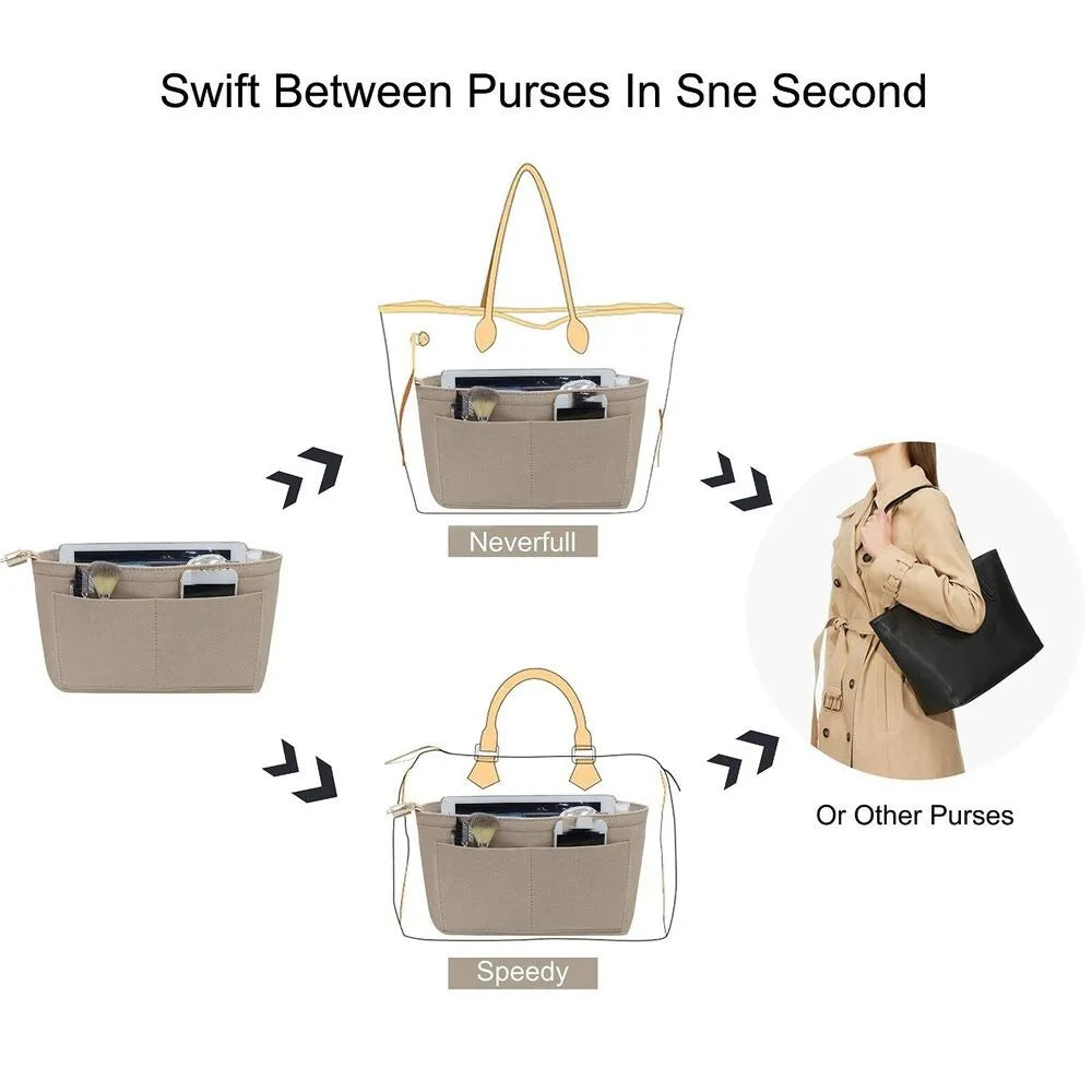Organizer in use inside a handbag, displaying cosmetic items neatly stored