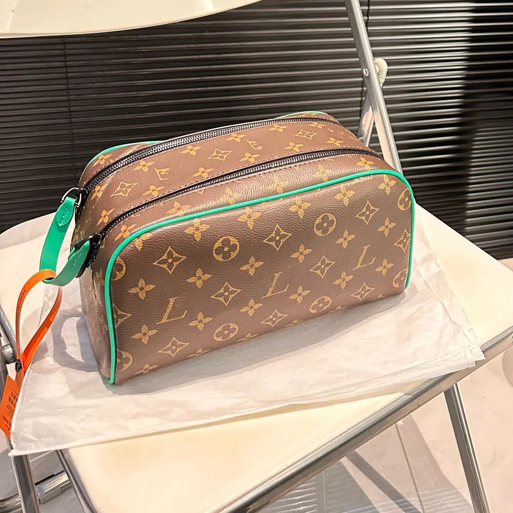 Front view of women's cosmetic bag with zipper closure
