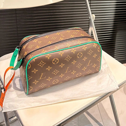 Front view of women's cosmetic bag with zipper closure