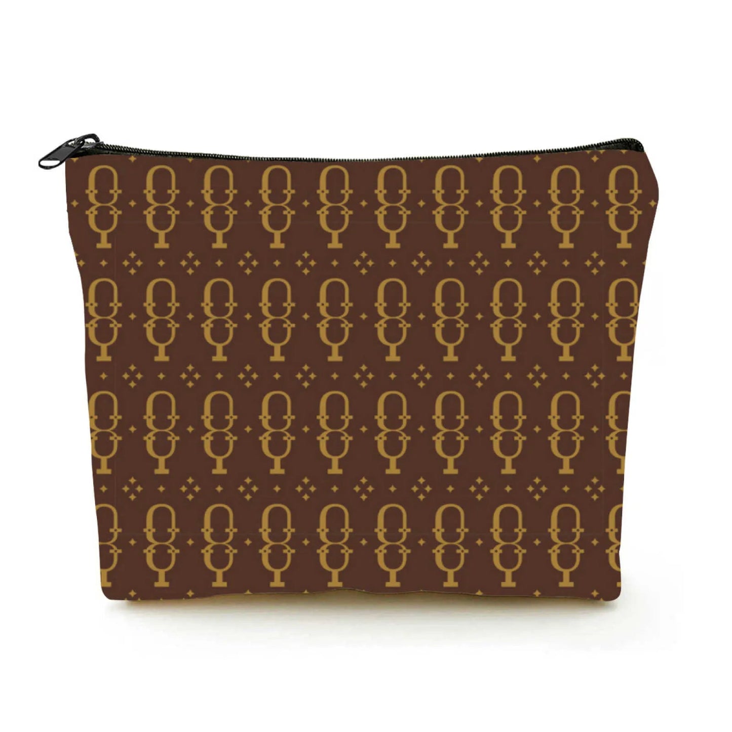 Front view of brown linen cosmetic bag with zippered closure