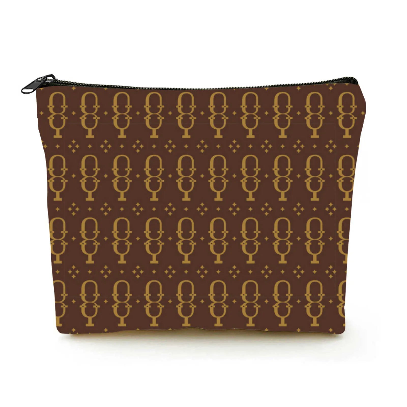 Front view of brown linen cosmetic bag with zippered closure