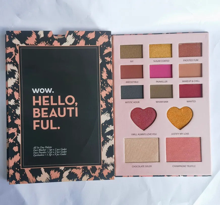 Makeup palette displayed open with blush powders on the side for cheek application