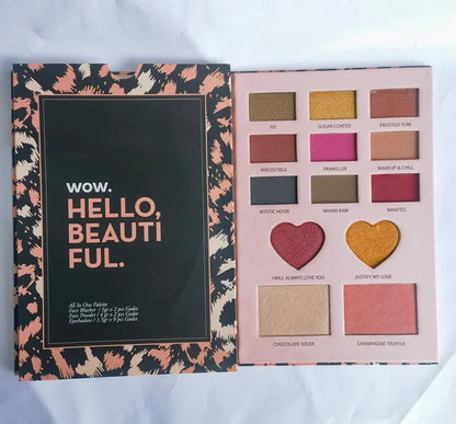 Makeup palette displayed open with blush powders on the side for cheek application