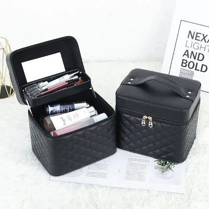 Open makeup bag displaying interior compartments and storage space