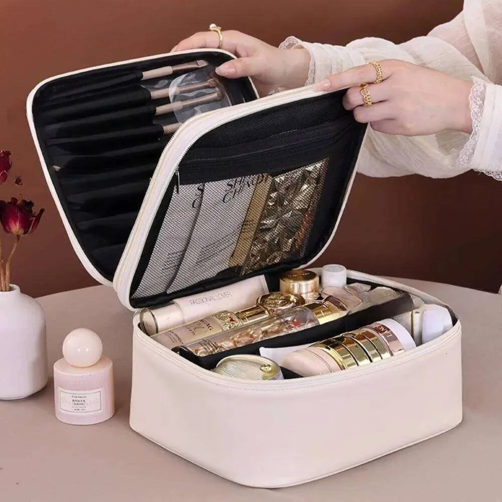 Open view showing interior organization of cosmetic bag