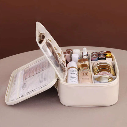 Closed makeup bag with secure zipper and ergonomic handle design