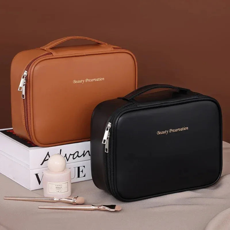 Portable makeup bag with large capacity interior open